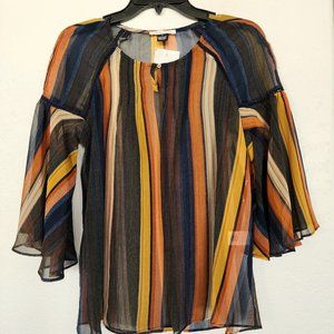 Sheer, Multicolored, Bell-Sleeved Blouse